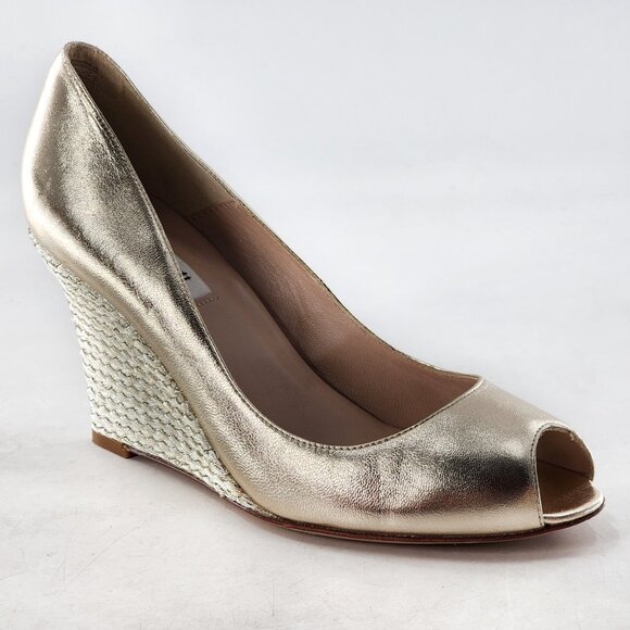 LK BENNETT Estela Peep Toe Gold Leather Wedge Pump Heels - Picture 4 of 7